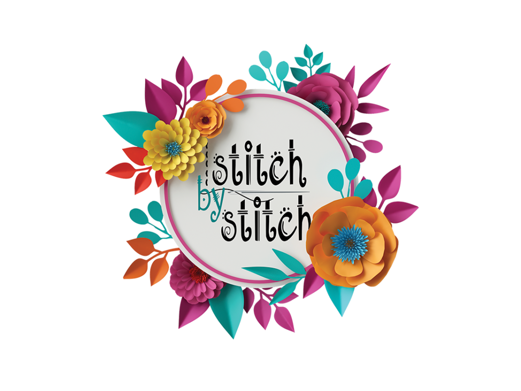 Floral wreath with "stitch by stitch" text.